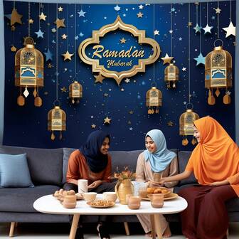 1pc Ramadan Mubarak Background Banner, Golden Lanterns Moon Stars Ramadan Photography Backdrop, Eid Celebration Decor Islamic Ramadan Ramadan Party Banner