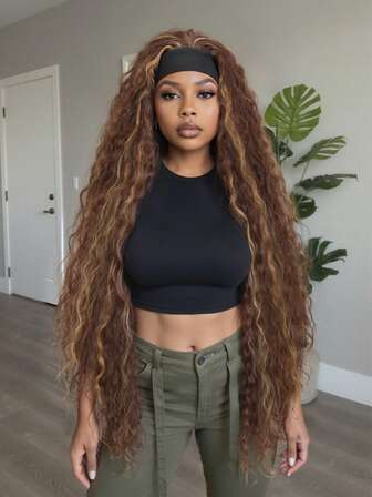 36inch Headband Long Curly Wave Wigs For Black Women Highlight Brown Wig Curly Wave Synthetic Wigs Glueless Heat Resistant Long Wigs For Daily Party Use