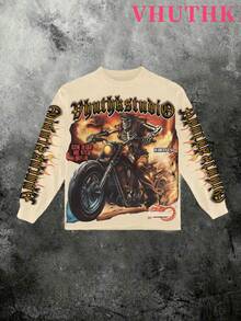 VHUTHK (250g Pure Polyester Round Neck Pullover Sweater)  Y2K Young & Eagle AndRiding To The Fullest, Dying With Glory "Skeleton Motorcycle Rider Digital Double-Sided Print ,  Filament Effect  Y2K Men's Round Neck Sweater In Autumn And Winter. - 杏色 - 查看 2