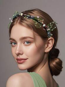 1pc Crystal Headband, Handmade Beaded Fairy Butterfly Headpiece, Suitable For Bride, Wedding, Party, Date, Birthday, Casual Wear - Green - View 7