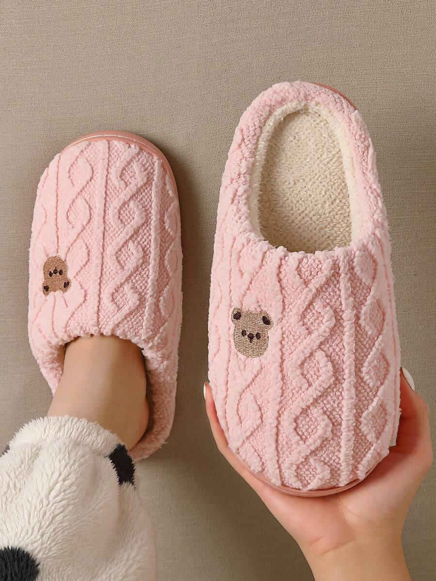 Dép bông Unisex, Thiết kế gấu hoạt hình, Lớp lót ấm chống trượt trong nhà, Dép đôi cho nam và nữ, Hồng/Trắng/Xám, Size 36-45