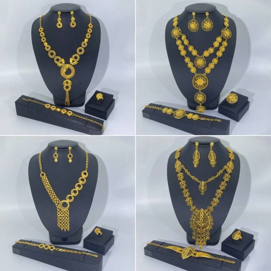 一套女士首饰套装：项链、耳环、手链、戒指（5件），时尚、优雅、奢华，适合新娘、婚礼、宴会、正式场合佩戴。 - 首飾套裝 - 查看 1