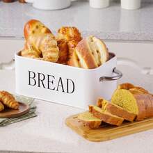 Large Metal Bread Bin With Bamboo Lid Kitchen Loaf Bread Storage Box Food Container - White - View 5