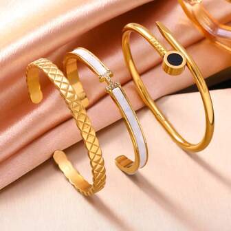 Ensemble de bracelets pour femmes plaqué or 18 carats en acier inoxydable - avec accents de diamants, émail et manchettes texturées, résistant à la tarnissure, bijoux de mode empilables pour usage quotidien/soirée (3 pièces)