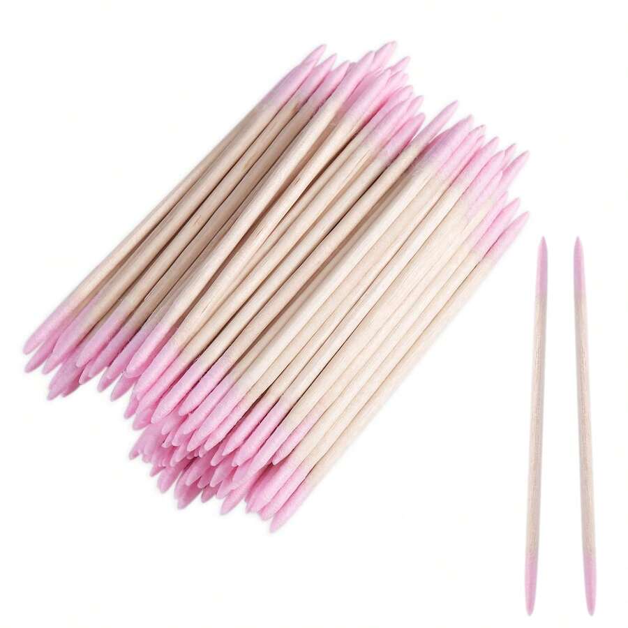 About 100Pcs/Pack Double Headed Nail Polish Wiping Wooden Stick ,Small Tip Double Head Tattooed Eyebrows Beauty Makeup Tools For Wiping,1/2/3/4/5/10/20pack For Packaging Method - Pink - View 1
