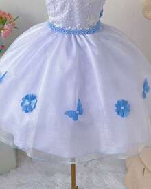 Vestido Infantil Daminha Branco Com Azul Bebê Daminha, Batizado, Formatura Luxo Midi - Branco com Azul Bebê - Visão 9