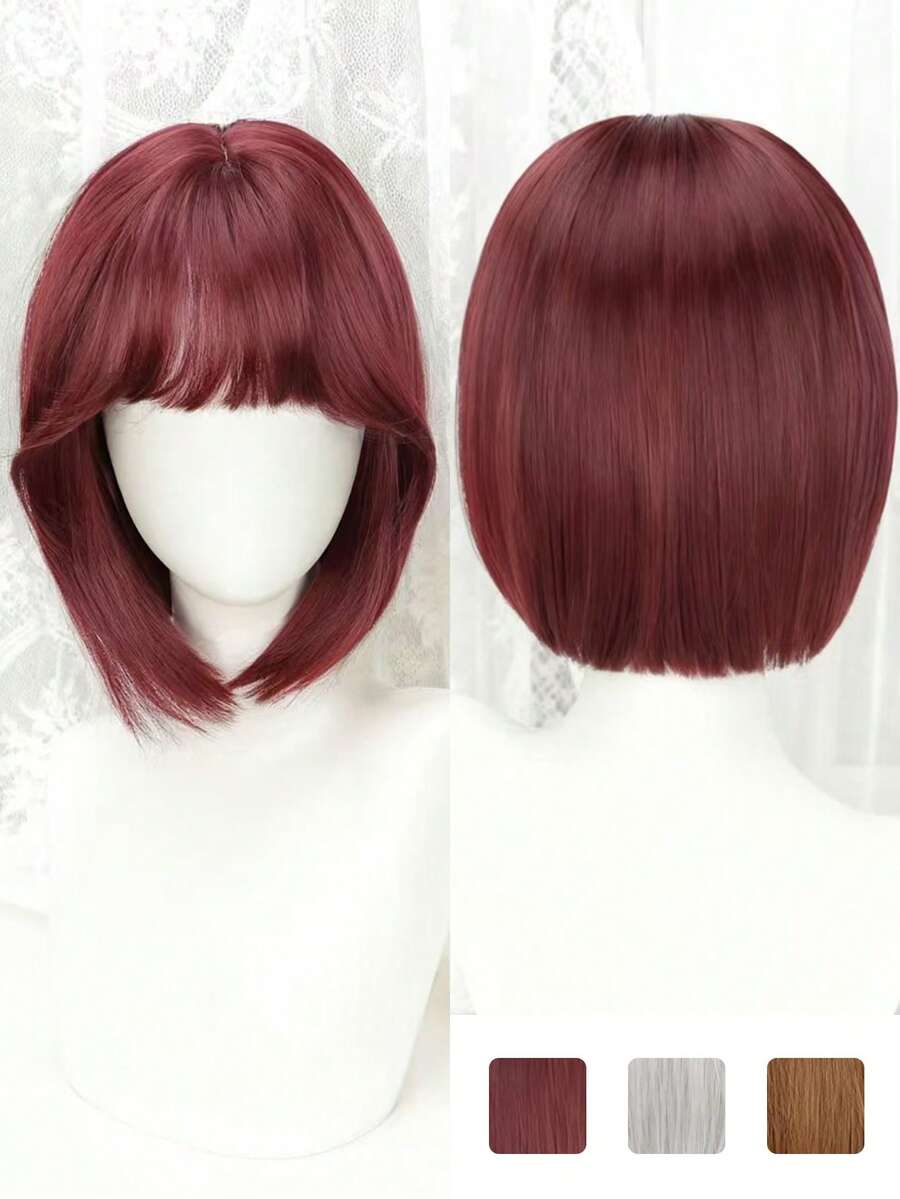 12-Inch Colorful Bobo Wig With Bangs, Made Of Synthetic Fiber, Suitable For Women's Daily Wear And Party Occasions - Multicolor - View 1