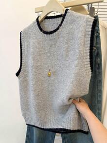 分层针织背心，感恩节和圣诞节的学院风秋季造型 - 淺灰色 - 查看 7