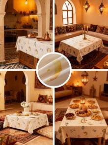 1pc Elegant Beige Rectangular Tablecloth, Featuring Colorful Lanterns, Floral Patterns And Golden Moon Design, Machine Washable, Suitable For Dining Table, Coffee Table, Kitchen, Dining Room, Living Room, Parties, Celebrations, Festivals, Gifts - Multicolor - View 3