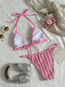 性感甜美风粉白竖条纹纹理比基尼两件套 - 可调节三角上衣 + 低腰泳裤 | 运动沙滩度假泳装 - 粉色 - 查看 4