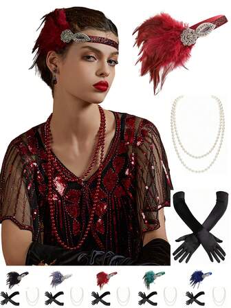 3 Adet 1920'ler Flapper Yapay Tüylü Kafa Bandı Uzun İnci Gerdanlık Kolye Saten Eldiven Seti Kadınlar İçin 20'ler Flapper Aksesuarları Gatsby Temalı Parti