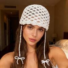 Crochet Beanie For Women Fashion Knit Hat Soft Stretchy Skull Cap With Pearl Bows For Outdoor Activities - trắng - Xem 2
