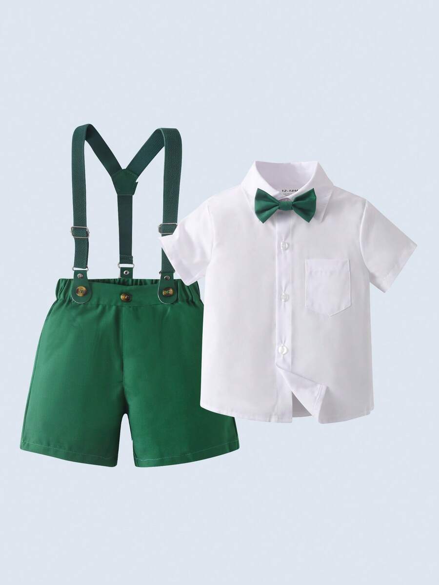 2pcs Young Boys Gentleman Outfit - Short Sleeve Collared Shirt With Bow Tie And Blue Suspender Shorts, Fashionable For Birthday Party, Wedding, Formal Occasions - Green - View 1