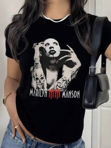 Camiseta casual de mujer para vacaciones, estilo gótico grunge con merchandising de Marilyn Manson, camiseta negra de manga corta con estética rock vintage y estilo E-Girl, talla grande adecuada para uso diario en la calle y salidas. - Rojo - Ver 6