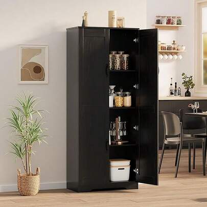 Hoher Küchenschrank, 4-stöckiger Vorratsschrank mit verstellbaren Einlegeböden, 2 Türen und Kippsicherung, modernes freistehendes Sideboard aus Holz für Ess- und Wohnzimmer