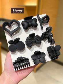 9件套黑色哑光发爪，百搭发饰，小巧发夹，简约风格，适合度假、海滩、日常休闲佩戴，四季皆宜，发饰套装，发饰，女士配饰，返校季发饰，蝴蝶结发夹，时尚发爪夹 - 黑色 - 查看 7