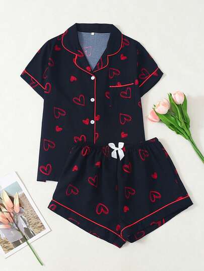Heart Print Short Sleeve & Shorts Women Pajama Set