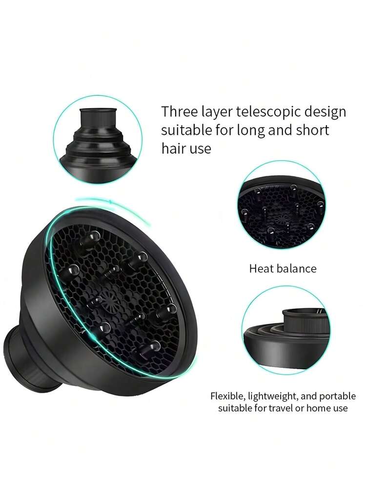 1 pieza Difusor plegable para secador de pelo, color negro, se ajusta a boquillas de secador de 1.575-1.968 pulgadas (4-5 cm), seca el cabello rápidamente y lo protege, herramienta esencial para el hogar y el salón, gran regalo - Negro - Añade 7