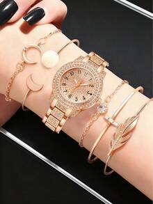6pcs/Set Women's Quartz Watch, Minimalist & Fashionable Rose Gold Numeral Dial, Alloy Material, Strap Set, Suitable For Daily Wear Or Holiday Gift