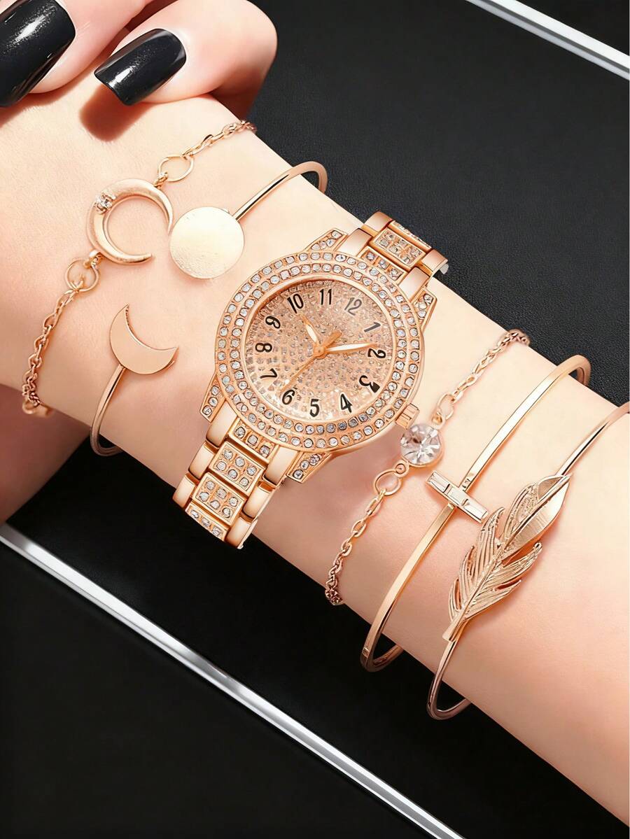 6pcs/Set Women's Quartz Watch, Minimalist & Fashionable Rose Gold Numeral Dial, Alloy Material, Strap Set, Suitable For Daily Wear Or Holiday Gift