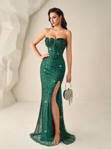 Đầm Astony One mới, gợi cảm, thanh lịch, xẻ tà, đính sequin, kiểu cổ yếm, đầm dạ hội màu xanh lá cây lấp lánh, xẻ tà cao. - màu xanh lá - Xem 2