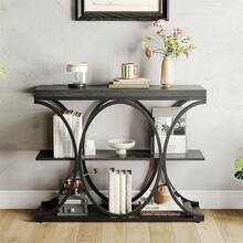 Mesas de Consola estrechas de 39 Pulgadas para Entrada, Mesa de sofá Industrial de 3 Niveles con Base Redonda de Metal y estantes de Almacenamiento para Sala de Estar, Pasillo, vestíbulo - Negro - Ver 5