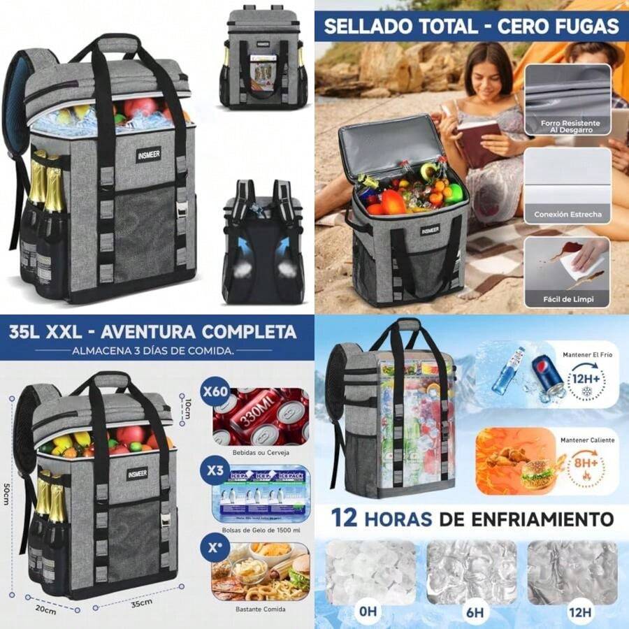 INSMEER Hielera Portatil 35L Grande, Bolsa Térmica A Prueba de Fugas para 60 Latas, Enfriadores de Mochila con Múltiples Bolsillos, 12H Frío/8H Calor, para Playa, Camping, Picnic, Senderismo(Gris) - Multicolor - Ver 1