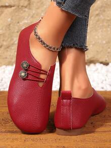 Solid Color Casual Buckle Outdoor Soft Leather Flat Round Toe Slip-On Fashion Loafers - Red - View 2