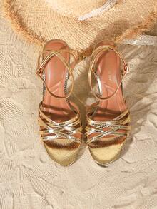 On feet& in love Women's Fashionable Elegant Round Toe Strap Buckle Shallow Toe Open Toe Sandals, Suitable For Wearing With Dresses, Thin High Heels - Golden Yellow - View 6