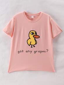 Girls Cartoon Duck & Slogan Print Short Sleeve T-Shirt, Girls Summer Round Neck Blouse/Top - Pink - View 3
