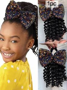 1pc Ponytail With Shiny Bow Clip Hair 8inch Kids Deep Wave Hair Go Afro Kinky Marley With Elastic For Girls - Natural Black - View 11