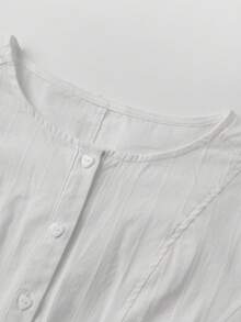 Women's Autumn Striped Tops Long Sleeve Round Neck Ruffle Trim Hem Casual Button Up Shirts - White - View 9