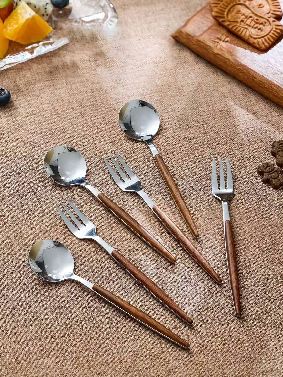 6件套奢华复古不锈钢甜点勺叉套装，优雅欧式蛋糕咖啡餐具 - 卡其色 - 查看 1