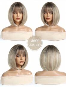 12 Inch Ombre Golden Short Straight Bob Wig, Women's Natural Heat Resistant Synthetic Wig With Bangs, Mother's Day Gift, Suitable For Daily Wear And Parties - Gold - View 6