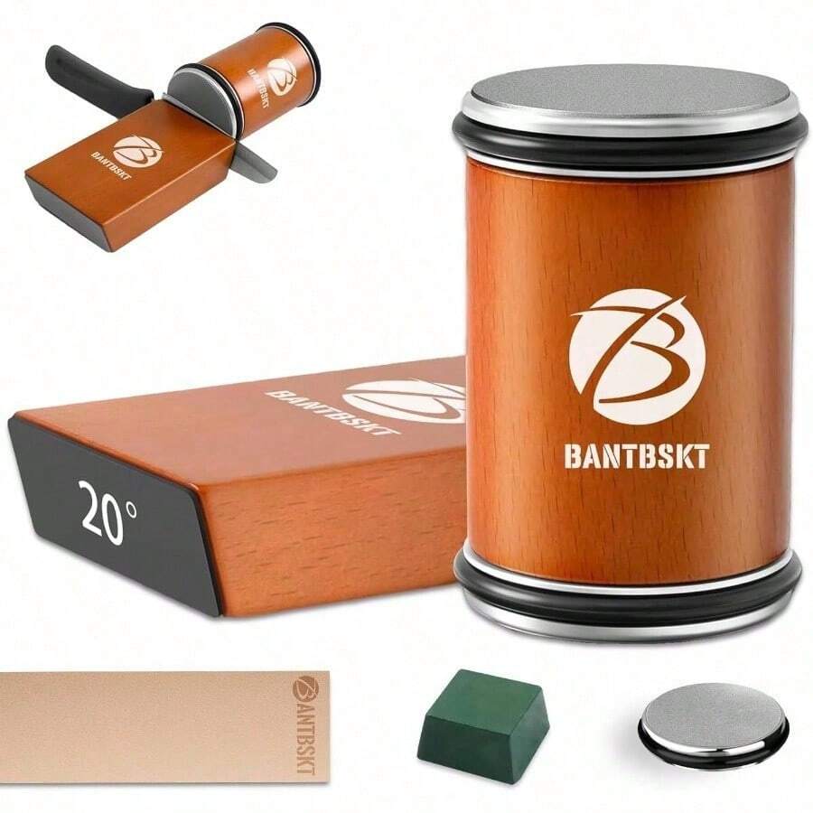 Rolling Knife Sharpener Kit, Kitchen Knife Sharpener Set, Knife Sharpening Tools, 15 20 Degree Sharpening Kitchen Knives, And Ceramic Discs, Leather Strop, Polishing Compound - Red Brown - 查看 1