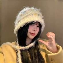 1顶彩色毛球抓绒帽，带护耳系带，可爱百搭，适合女性，秋冬季 - 彩色 - 查看 3