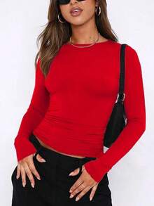 Elegant & Versatile Women Plain Crew Neck Long Sleeve Ruched Fitted Slim Fit T-Shirt,Suitable For Summer And Autumn/Winter Seasons - 紅色 - 查看 4