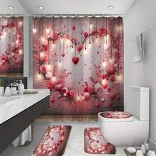 1pc/4pcs Valentine's Day Bathroom Decor Set, Includes Shower Curtain, Toilet Seat Cover, Bath Mat, Polyester Curtain, Bathroom Accessories With 12 Hooks