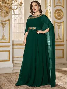 SUPGIR 优雅圆领长袖刺绣串珠收腰正式晚礼服 - 墨綠色 - 查看 6