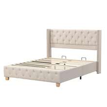 Upholstered Bed 140*190cm With Slatted Base And Headboard, Button And Rivet Upholstery, Wooden Legs, Linen, Beige - Beige + Linen - View 10