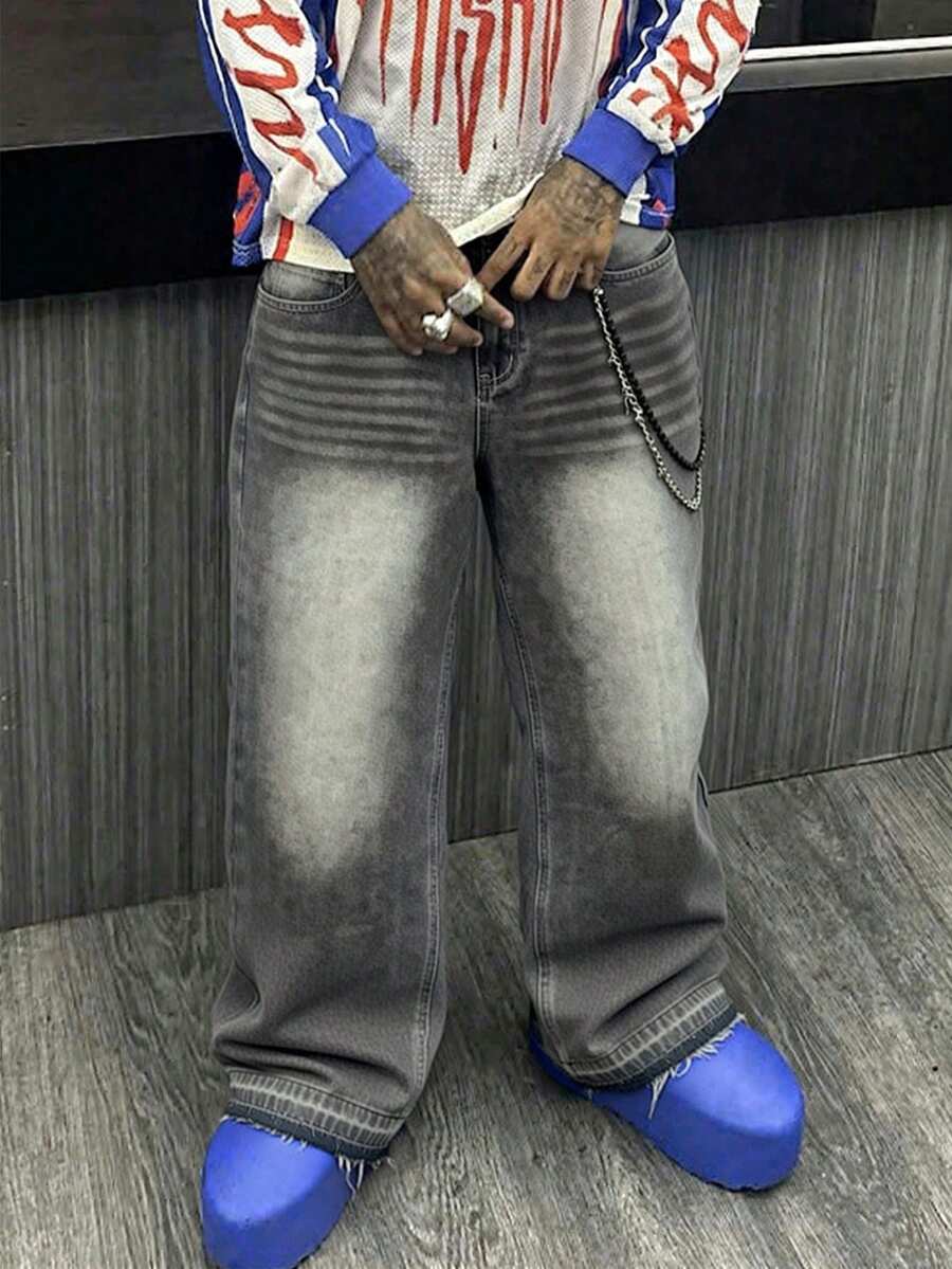 Quần jean ống đứng dáng rộng, gấu tua rua, ống rộng, phong cách đường phố Y2K cổ điển của Mỹ, mặc được mọi mùa - Xám - Xem 1