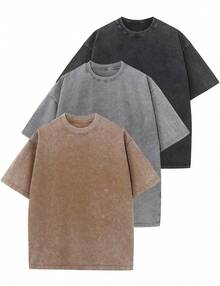 Three-Piece Solid Color T-Shirts Fashion Retro Men's T-Shirts 230g Heavyweight Cotton Dropped Shoulder Design Unisex Short-Sleeve T-Shirts For All Seasons Casual Occasions Gift For Boyfriend 100% Pure Cotton Streetwear Designed For Young People Ideal Gift Between Friends Men's Clothing Men's T-Shirts - 黑色+灰色+咖啡色 - 查看 16