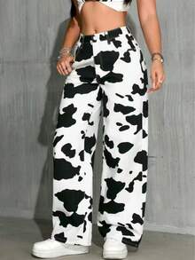 女式牛仔印花宽松直筒牛仔裤 - 黑與白 - 查看 5