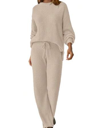 1 Set Women Solid Color Ribbed Fuzzy Sweater And Wide Leg Pants Two Pieces Outfit, Suitable For Home And Beach, Autumn/Winter