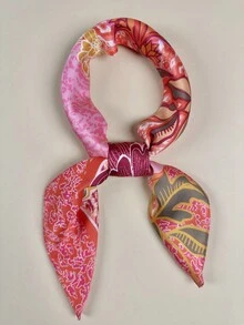 1pc Women's Bohemian Style Printed Square Scarf, Elegant Satin Neckerchief Headscarf Hair Accessory