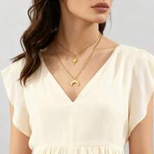 1 Set Collar de capas de oro para mujer, colgante de estrella & luna, chapado en oro de 18K, adecuado para regalos, accesorio de collar exquisito para uso diario & festivo - Dorado - Ver 5