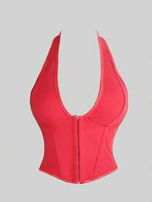 Yuwenier 复古嘉年华性感V领黑色束身吊带背心，金属环前系带，露背设计塑身衣，适合万圣节派对、夜店、嘉年华、音乐节、婚礼季等休闲夏季场合。 - 紅色 - 查看 4