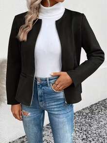 Plus Size Long-Sleeve Round-Neck Suede Jacket With Front Zipper - Black - View 1