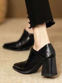 7cm Side Zipper Square Toe Chunky Heel Pumps, Black, Comfortable High Heels, Versatile For Spring & Autumn - Black - View 3
