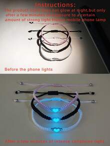 ATLVXJL 3pcs/Set Glow-In-The-Dark Friendship/Relationship Stainless Steel Mini Heart V-Shaped Knotted Cord Bracelet Set, Casual Jewelry Suitable For Daily Wear And Gift Giving - Multicolor - View 6